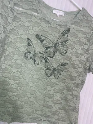 Ultra Flirt Lace Top Womens XL Green Sheer Floral Butterfly Graphic Short Sleeve thumbnail 2