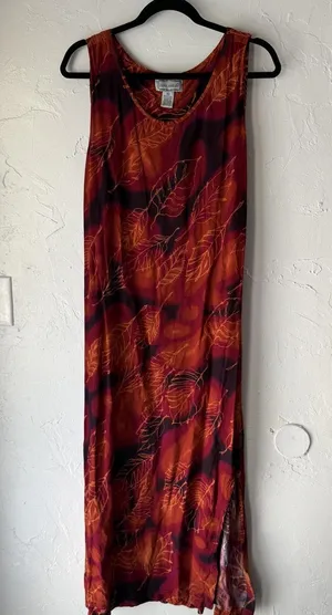 Jane Ashley Dress Vintage Large Red Orange Leaf Print Fall Sleeveless Maxi Boho‎ thumbnail 1