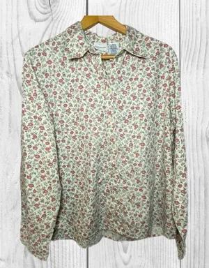 White Stag Floral Print Shirt Vintage Whimsical Garden Fairy size XL Long Sleev thumbnail 1