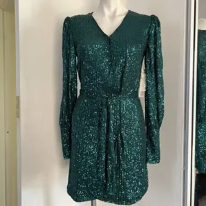 NEW AQUA Belted Sequin Dress GREEN emerald SMALL Formal Cocktail party thumbnail 5