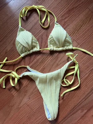 SHEIN Yellow Ribbed Tie-Side Triangle Bikini Set thumbnail 1