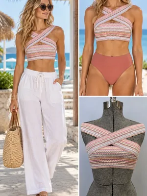 💥Hobie Crisscross Halter Bikini Top Multicolor Chevron Stripe Knit Size S💛 thumbnail 2
