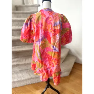 J.Marie Pink Tropical Palm Leaf Puff Sleeve Tiered Ruffle Hem Shirt Dress Preppy thumbnail 3
