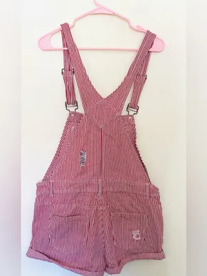 Forever 21 Y2K Red and White Striped Denim‎ Overalls Shorts Women’s Sz 29 thumbnail 3
