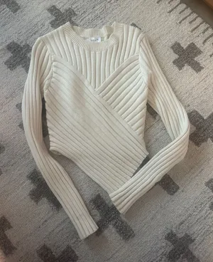 Cream Ribbed Knit Sweater - Ladies Long Sleeve Crewneck thumbnail 1
