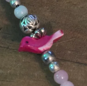 Vintage rose quartz bead abalone double heart and cardinal necklace thumbnail 5