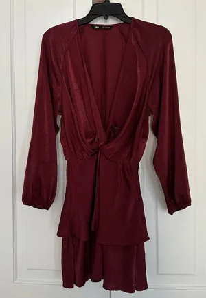 Zara burgundy colored satin/silk mini dress • Sz S thumbnail 1