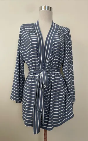 State of day Striped Navy & White Women’s Wrap Robe with Tie Belt thumbnail 1