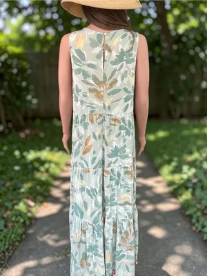 A New Day Sage Abstract Floral Tiered Maxi Dress Large 100% Rayon Boho thumbnail 7