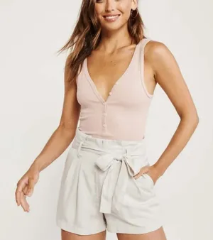 A&F • High Rise Belted Shorts paperbag tie waist beige khaki pleated thumbnail 1