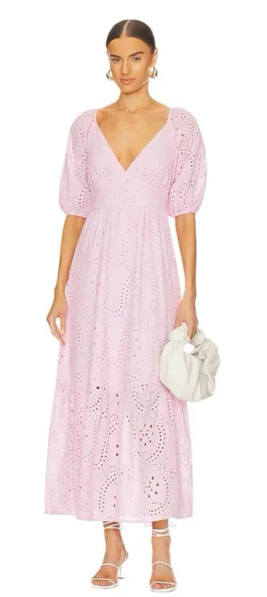 Sanctuary Pink Eyelet Maxi Dress Puff Sleeve Tiered Cotton Blend Size 6 V Neck thumbnail 1