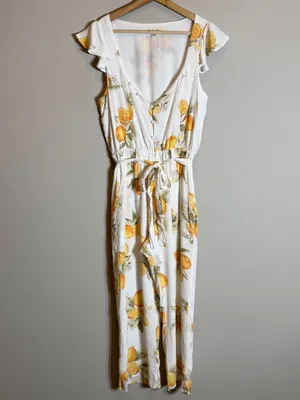 For Love & Lemons Limonada Tie-Front Jumpsuit Women's Medium White Lemon Print thumbnail 8