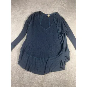 Free People Top Womens Medium Blue Catalina Thermal Waffle Knit Long Sleeve thumbnail 2