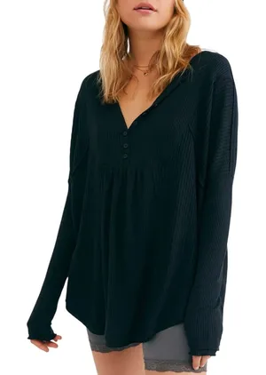 FREE PEOPLE Women’s Boho Leo Henley Black Long Sleeve Knit Top thumbnail 1