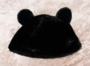 Black Faux Fur Teddy Bear Ear Beanies – High Quality Winter Hat 🐻 thumbnail 3