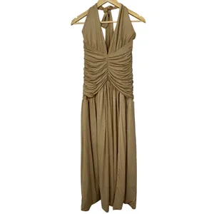 NWT Babyboo Melania Gold Sparkle Ruched Halter Plunge V-Neck Maxi Dress Size M thumbnail 10