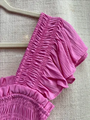 Mock Button Down Smocked Ruffle Detail Midi Dress Pink thumbnail 11