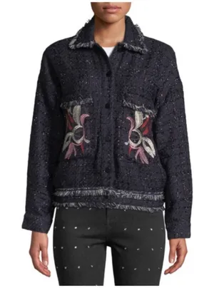 Foxiedox Floral Embroidered Fringe Tweed Jacket Dark Blue Women's Size Medium thumbnail 1