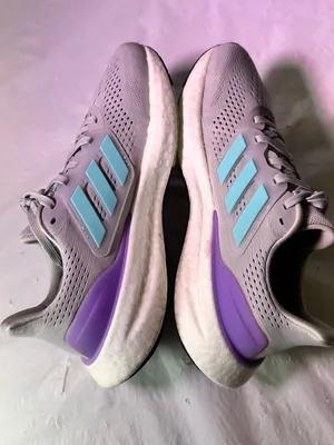 adidas Women's Light Gray Running Shoes with Aqua Stripes and Purple Heel Accent thumbnail 8