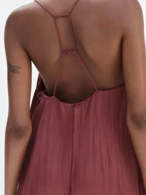 Zara Boho Rust Crinkle Satin Pleated Maxi Dress Cross Ladder Back Maroon Small thumbnail 2