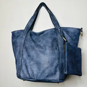 AMPERE Vegan Blue Leather The Amelie Tote Brass Hardware Coin Purse Shoulder Bag thumbnail 9