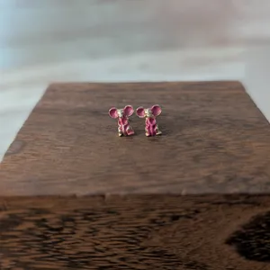 Vintage Stud Earrings Pink & Gold Tone Mouse - Very Small & Dainty thumbnail 4