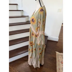 Origami Green Tan Sunflower Burnout Lace Trim Renaissance Boho Western Dress thumbnail 4