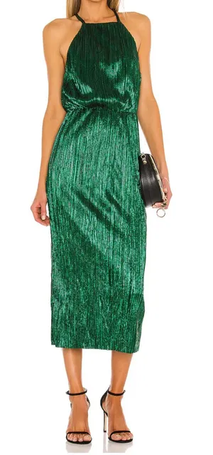 House of Harlow 1960 Farrah Metallic Emerald Green Midi Dress thumbnail 1