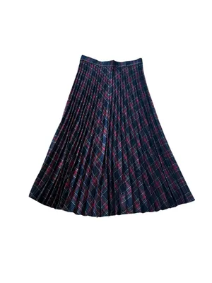 FORE Womens Pleated Midi Skirt Blue Red Plaid Preppy Dark Academia Grunge Modest thumbnail 2