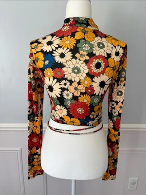 Bershka Floral Ruched Mock-Neck Long Sleeve Crop Top Tie Front Sz Med Retro thumbnail 7