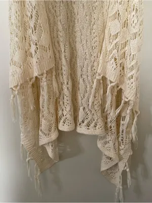 Boho Crochet Knit Fringe Duster Cardigan Womens Large Cream White Festival Beach thumbnail 3
