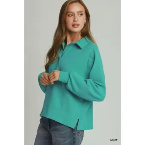 Umgee‎ Brushed Waffle Polo Collared Pullover - Medium thumbnail 2