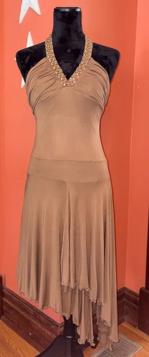 Vintage Y2K To The Max V-Neck Brown Halter Dress with Beaded + Sequin Trim thumbnail 1