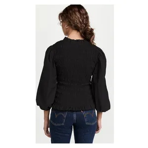 Love The Label Anthropologie Black Smocked Puff Sleeve Blouse Sz.S NWT thumbnail 5