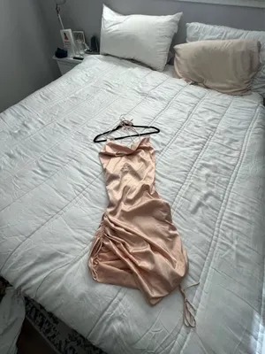 Leau Cabo gold satin adjustable strappy rouched mini dress M NWT thumbnail 13