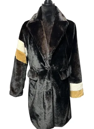 Faux Fur Coat Collared Button Close Women's Medium Black/Camel/Ivory MobWife NEW thumbnail 1