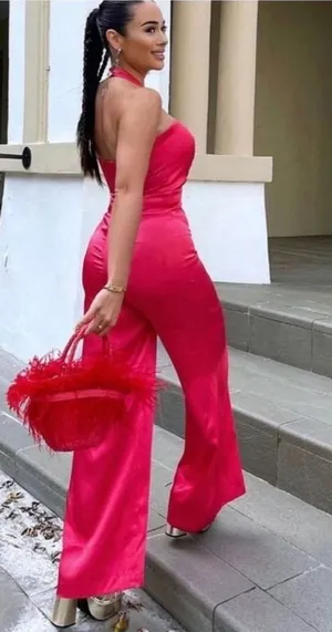 Zara Satin Halter Wide-Leg Jumpsuit in Hot Pink thumbnail 1