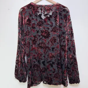 Shyanne Women Velvet Burnout Blouse Top XL Burgundy Floral Paisley Lace Up Sheer thumbnail 12