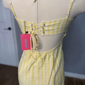 NWT Edikted Yellow Gingham Open Back Lace Up Mini Dress M thumbnail 3