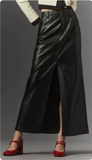 Pilcro Anthropologie Womens Black Faux Leather The Madi Front Slit Maxi Skirt 2 thumbnail 1