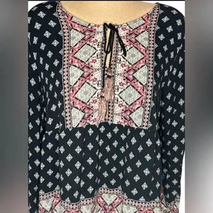Artesia Boho Long Sleeve Floral Empire Waist Top Black Pink Size XL thumbnail 3