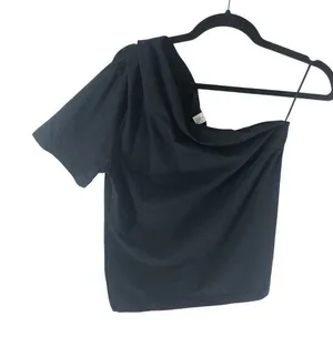 Nordstrom Signature Womens One Shoulder Top Short Sleeve Pleated Black M thumbnail 1