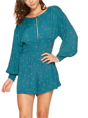 Free People Love Grows Teal Long-Sleeve Romper Size Large thumbnail 1