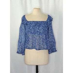 Anthropologie MAEVE Square Neck Sheer Babydoll Top Blue White Floral Large‎ thumbnail 2