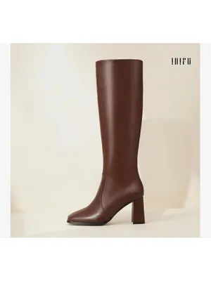 NEW Brown Vegan Leather Knee High Boots Square Toe Chunky 3” Heel Tall 10 thumbnail 10