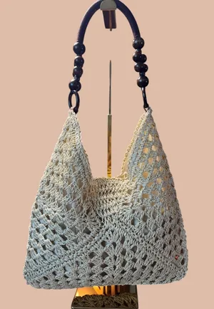 Crochet Straw Hobo Bag Bead Hollow Shoulder Bag Khaki Color thumbnail 1