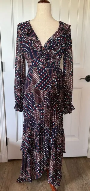 The Sang Navy Orange Polka Dot Patchwork Ruffle Maxi Dress Womens Small SDD30145 thumbnail 1