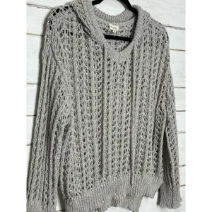 POL Open Knit Hooded Sweater Small Gray Boho Crochet Lightweight Top thumbnail 7