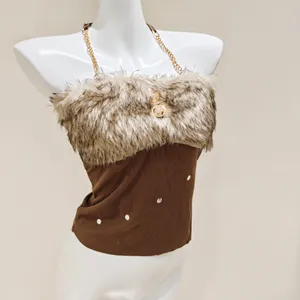 Others Follow Brown Corduroy Halter Tube Top Faux Fur thumbnail 3