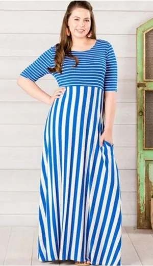 Matilda‎ Jane The Road Ahead Stripe Maxi Dress Blue White Pockets Sz M thumbnail 1